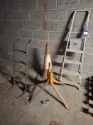 Sack cart, mixer stand, ladder and cone