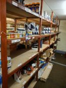 Contents of 4 bays of racking (front facing half only) to include paint, adhesives, paint brushes,