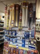 Large quantity of carpet edge strips, covers end section, corner sections, padlocks, pliers, pipe