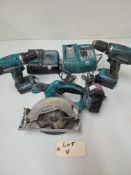 LOT: MAKITA 3 Batteries, tool set: 2 x drill, 1 x skill saw, 2 chargers
