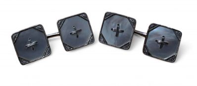 A pair of 9ct white gold and mother of pearl Art Deco cufflinks, in the form of square buttons 5.