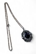 A silver, marcasite and Blue John pendant, the central oval Blue John stone approx. 20 x 15mm