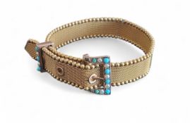 A 9ct gold bracelet in the form of a belt, the mesh bracelet bordered by beads, rose gold buckle and
