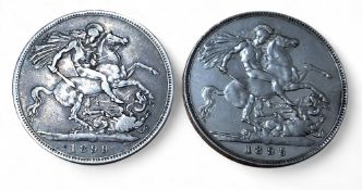 Numismatics – a Victorian crown, veiled head, dated 1895; another 1899
