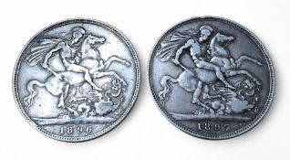Numismatics – a Victorian crown, veiled head, dated 1896; another 1897