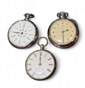 A Victorian silver open faced pocket watch, Roman numerals, subsidiary seconds dial, London 1865; an