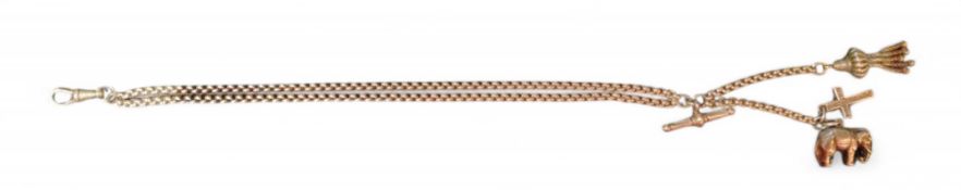 A Victorian silver Albertina, tassel, elephant and cross fobs, 27cm long,c.1880