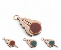 A 9ct rose gold swivel fob/pocket watch key, the key set with a circular bloodstone and Cornelian,
