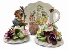 A Goebel figure, designed by MI Hummell, Apple Tree Girl, printed marks;   a pair of Aynsley boudoir