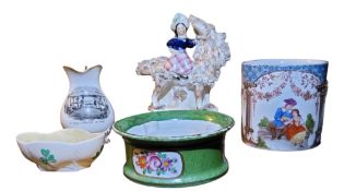 A  Belleek Shamrock pattern salt, printed black mark;   a Royal Worcester  jug,  with a print of The