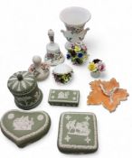Wedgwood green jasperware trinket boxes, storage jar and cover;   Aynsley Pembroke campana shaped