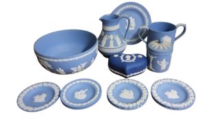 Wedgwood Blue Japserware - bowl, jug, heart shaped tinket pot and cover, trinket dishes;  etc