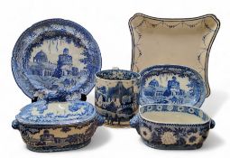 A John Rogers and Son blue and white transferware Monopteros pattern tureen and cover, from the