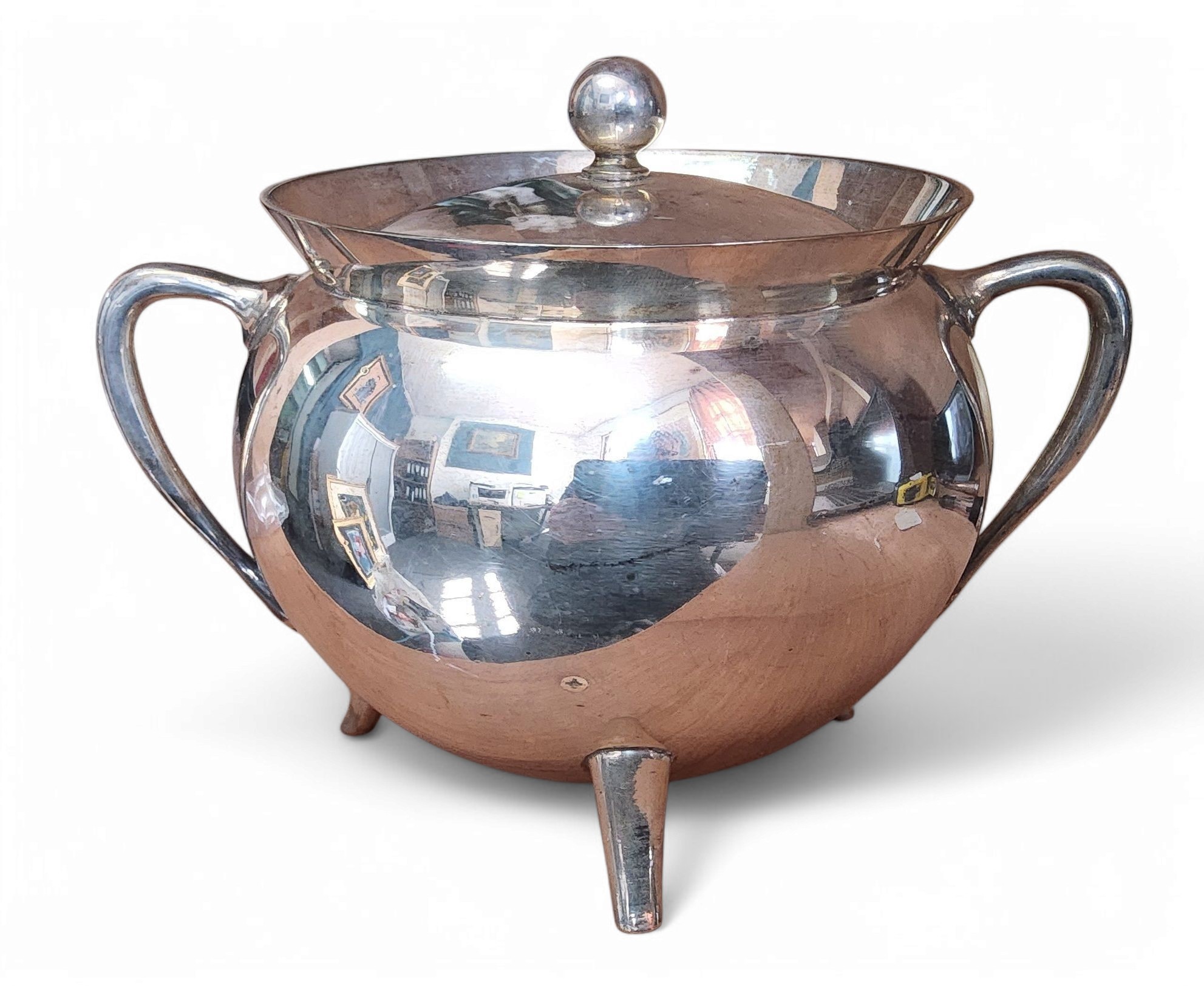 A Mappin and Webb Princess Plate two handled cauldron sugar bowl and cover, in the manner of