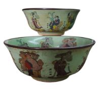 A pair Chinese bowls, decorated with The Eight Immortals, on a crackled green ground, 24cm diam