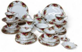A Royal Albert Old Country Roses tea service, comprising teapot and cover, milk jug, sugar bowl, six