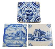 An 18th century Delft tile, painted in underglaze blue with a stylised house, 12cm x 13cm, c.1780;