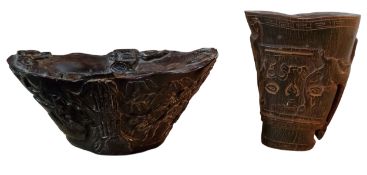 A contemporary horn effect libation cup, 10cm high;   another, in relief with pine trees, bamboo and