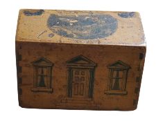 Treen - a Scottish Mauchline ware novelty money box, as a house, transfer printed with a named