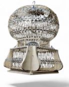 A Moroccan song bird cage, painted white with blue accents, 72cm drop