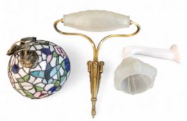 A Tiffany style glass ceiling dome, 20cm diam;   an Art Deco style brass and frosted glass wall