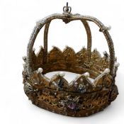 A 19th century  continental gilt metal Saint's crown, set with coloured and clear beads, 12cm
