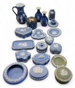 Wedgwood Jasperware, blue and green, trinket dishes, jugs, ashtray, vases, lighter, etc