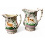 A pair of Victorian graduated Sunderland pink lustre hunting jugs,  moulded in relief with a stag