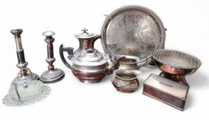 Plated Ware - an E.P.N.S. four piece boat shaped tea service, egg-and-dart border;  a pair of