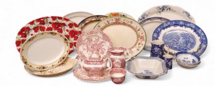 Mason's Patent Iron Stone Vista pattern hexagonal jug, teapot, plates, etc;   blue and white and