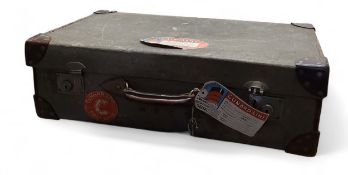 Vintage luggage - a canvas suitcase, leather handle and angles,  by Cleghorn of Edinburgh, Cunard