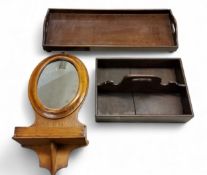 A 19th century oak two-section cutlery box, 36cm long, c.1850; a two handled mahogany gallery