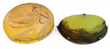 An Art Deco marbled glass demi lune wall light, 35cm wide;  an Art Deco  style marble glass