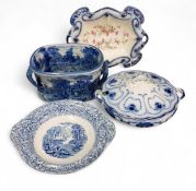 A Stafforshire flow blue shaped rectangular dish, the field printed with wile flowers, 34cm wide,