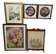 A large floral woolwork tapestry, 63 x 41.5cms, framed;   a pair of woolwork tapestries, of floral