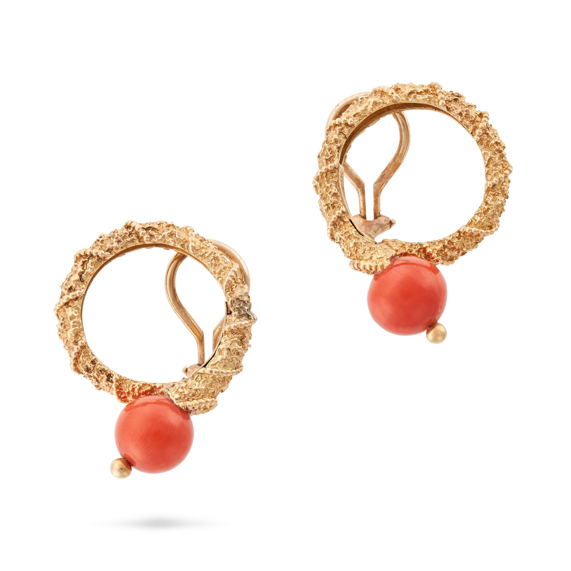 CARTIER, A PAIR OF CORAL HOOP CLIP EARRINGS in yellow gold, each designed as a textured hoop acce...