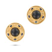 A PAIR OF ONYX AND SAPPHIRE CLIP EARRINGS in 18ct yellow gold, each set with a cabochon onyx acce...