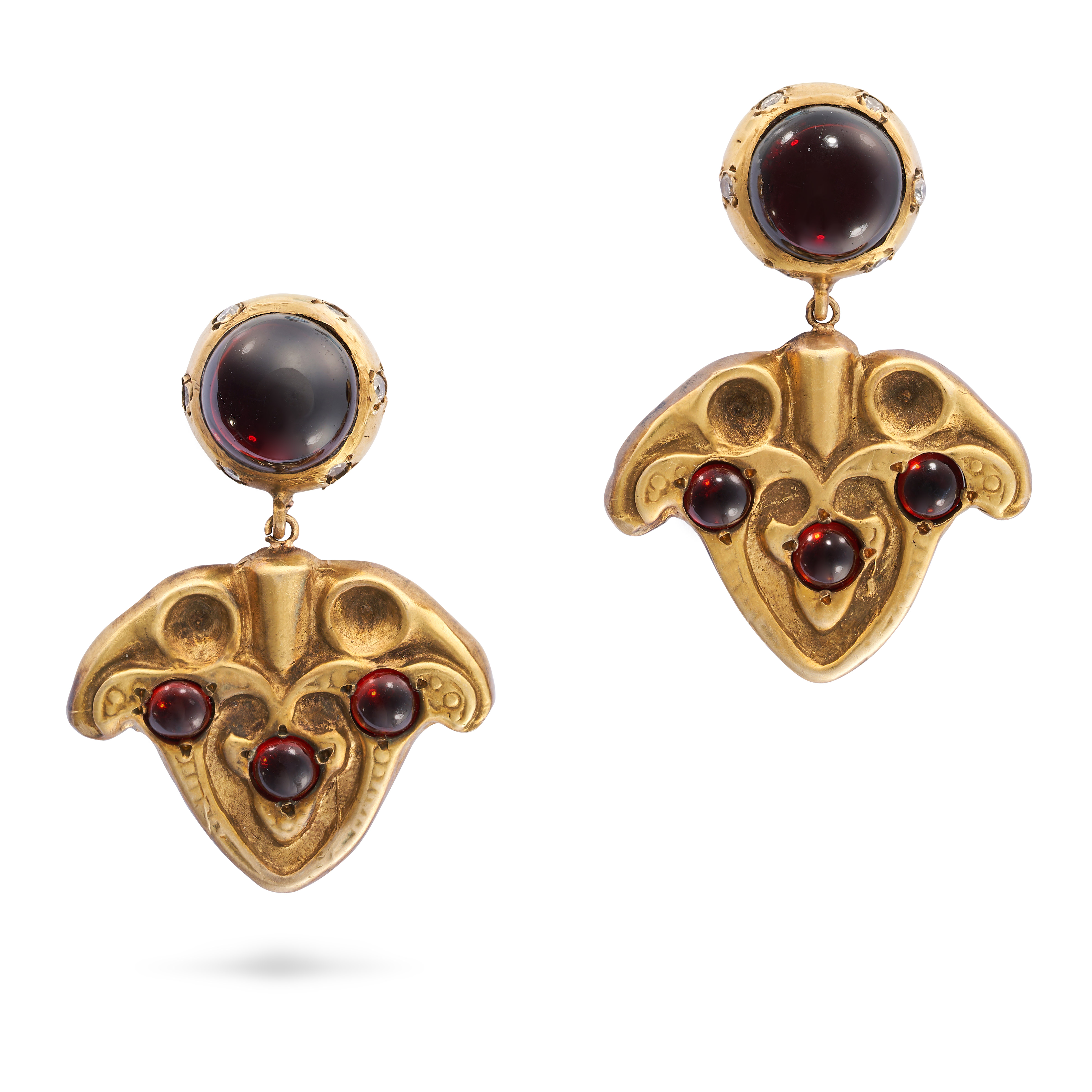 A PAIR OF ANTIQUE GARNET AND DIAMOND DROP EARRINGS in yellow gold, each comprising an oval caboch...