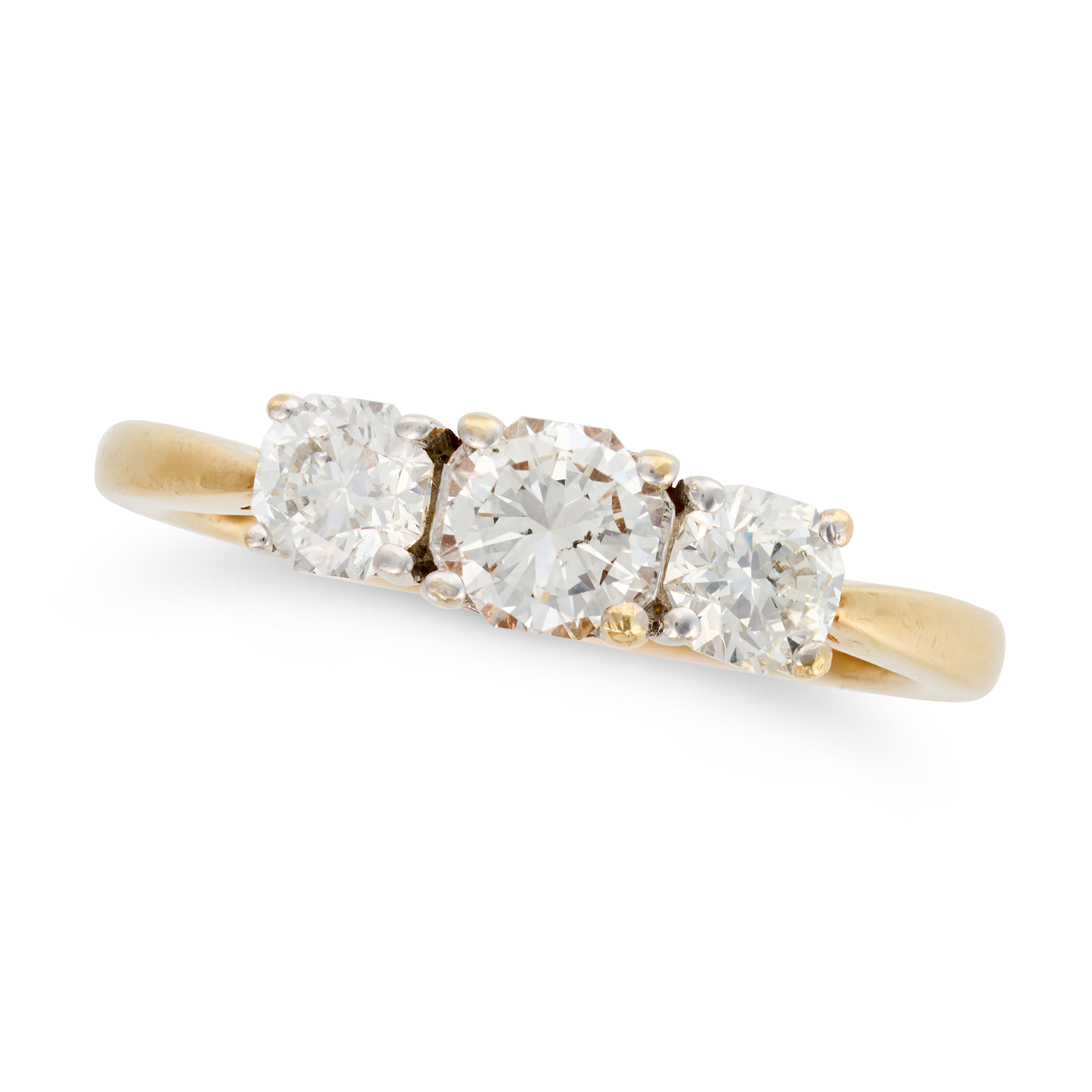 NO RESERVE - A DIAMOND THREE STONE RING in 18ct yellow gold, set with ...