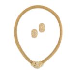 CHRISTIAN DIOR, A NECKLACE AND EARRING SUITE comprising a flat fancy link chain with a pendant set
