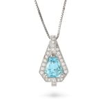 A FINE AQUAMARINE AND DIAMOND PENDANT NECKLACE in white gold, the pendant set with a fancy cut