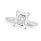 A 3.01 CARAT D COLOUR SOLITAIRE DIAMOND RING in platinum, set with an emerald cut diamond of 3.01