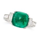 A FINE ART DECO EMERALD AND DIAMOND DRESS RING set with a sugarloaf cabochon emerald of