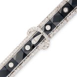 AN ONYX AND DIAMOND BELT BRACELET in 18ct white gold, designed as a belt, set with a row of facetted