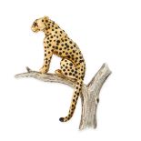HARRIET GLEN, A RUBY AND ENAMEL CHEETAH BROOCH in 9ct yellow and white gold, designed as a cheetah