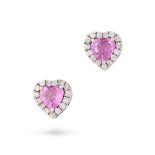 A PAIR OF PINK SAPPHIRE AND DIAMOND HEART EARRINGS each set with a heart cut pink sapphire in a