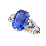 AN IMPORTANT 5.76 CEYLON NO HEAT SAPPHIRE AND DIAMOND DRESS RING set with an octagonal step cut