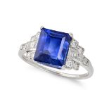 AN IMPORTANT UNHEATED 5.30 CARAT KASHMIR SAPPHIRE AND DIAMOND RING set with a rectangular step cut