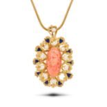 A CORAL CAMEO, PEARL AND ENAMEL PENDANT NECKLACE the pendant set with a carved coral cameo depicting
