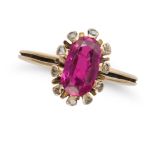 AN ANTIQUE 1.50 CARAT BURMA NO HEAT RUBY AND DIAMOND RING in yellow gold, set with a cushion cut